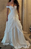 Vintage White Off The Shoulder Satin Chiffon Wedding Dresses Bridal HZ0307