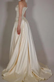 Vintage Off White Strapless Wedding Dress, Pearl Beaded Satin A-line Prom HZ0307