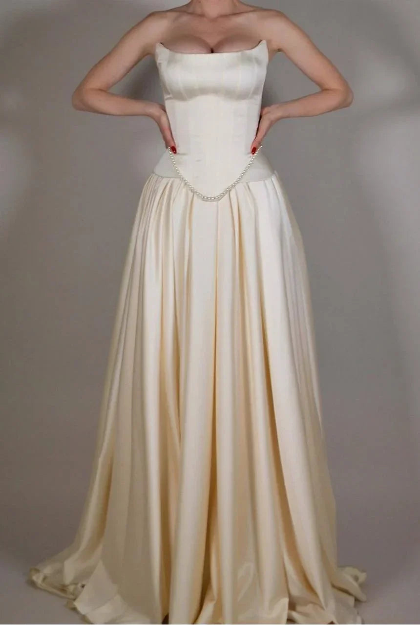 Vintage Off White Strapless Wedding Dress, Pearl Beaded Satin A-line Prom HZ0307