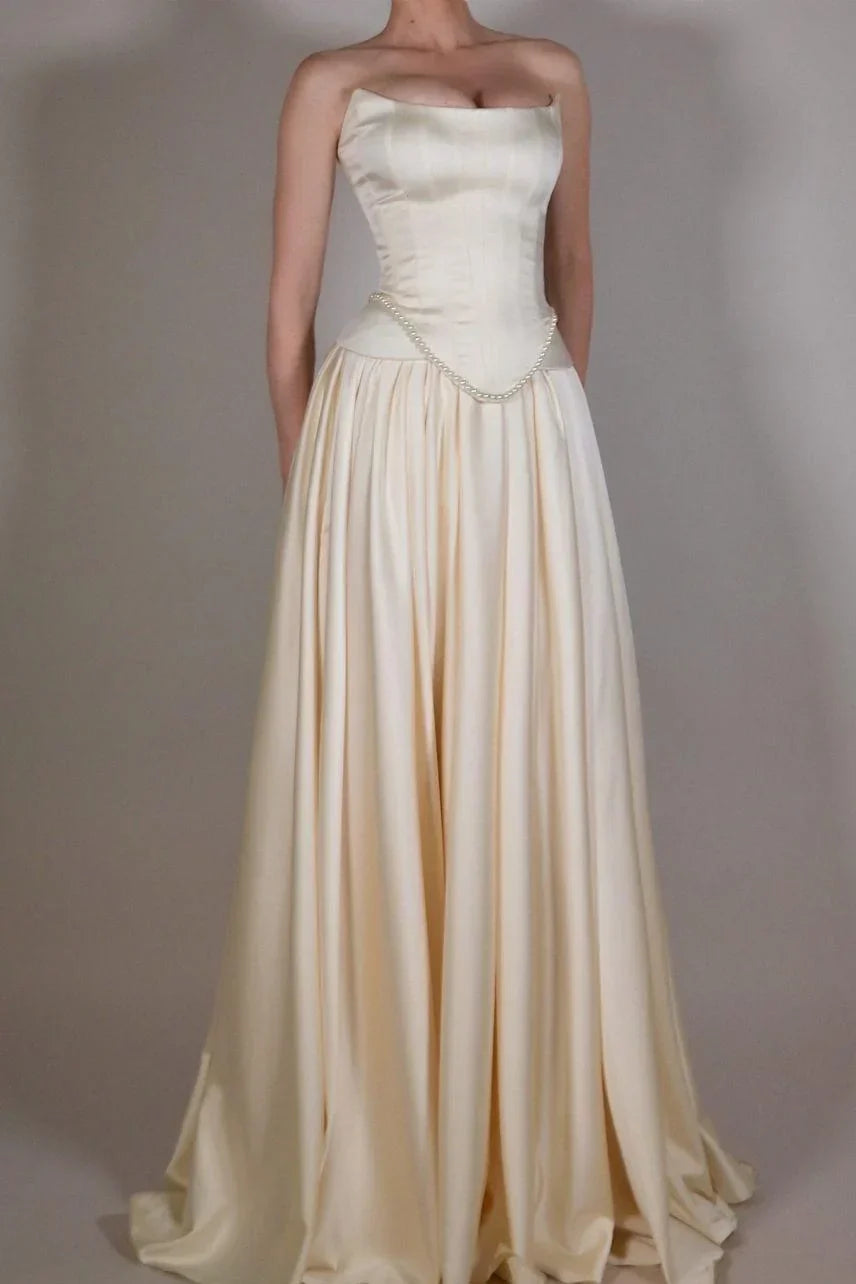 Vintage Off White Strapless Wedding Dress, Pearl Beaded Satin A-line Prom HZ0307