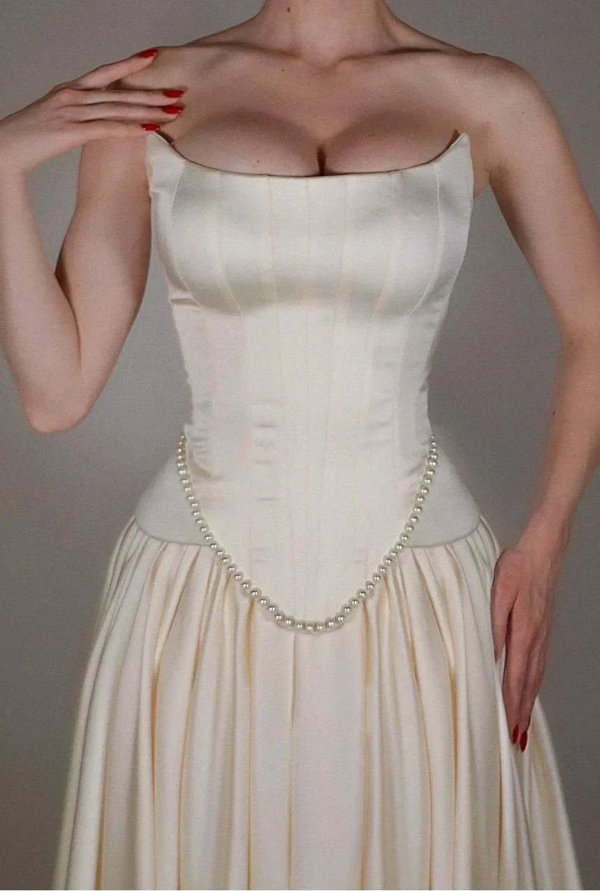 Vintage Off White Strapless Wedding Dress, Pearl Beaded Satin A-line Prom HZ0307