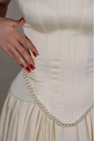 Vintage Off White Strapless Wedding Dress, Pearl Beaded Satin A-line Prom HZ0307