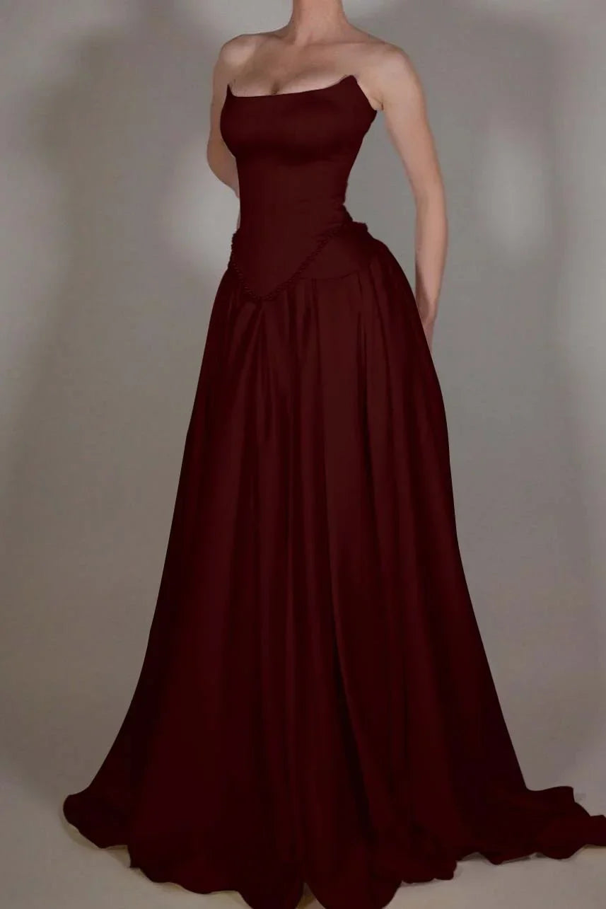 Vintage Off White Strapless Wedding Dress, Pearl Beaded Satin A-line Prom HZ0307