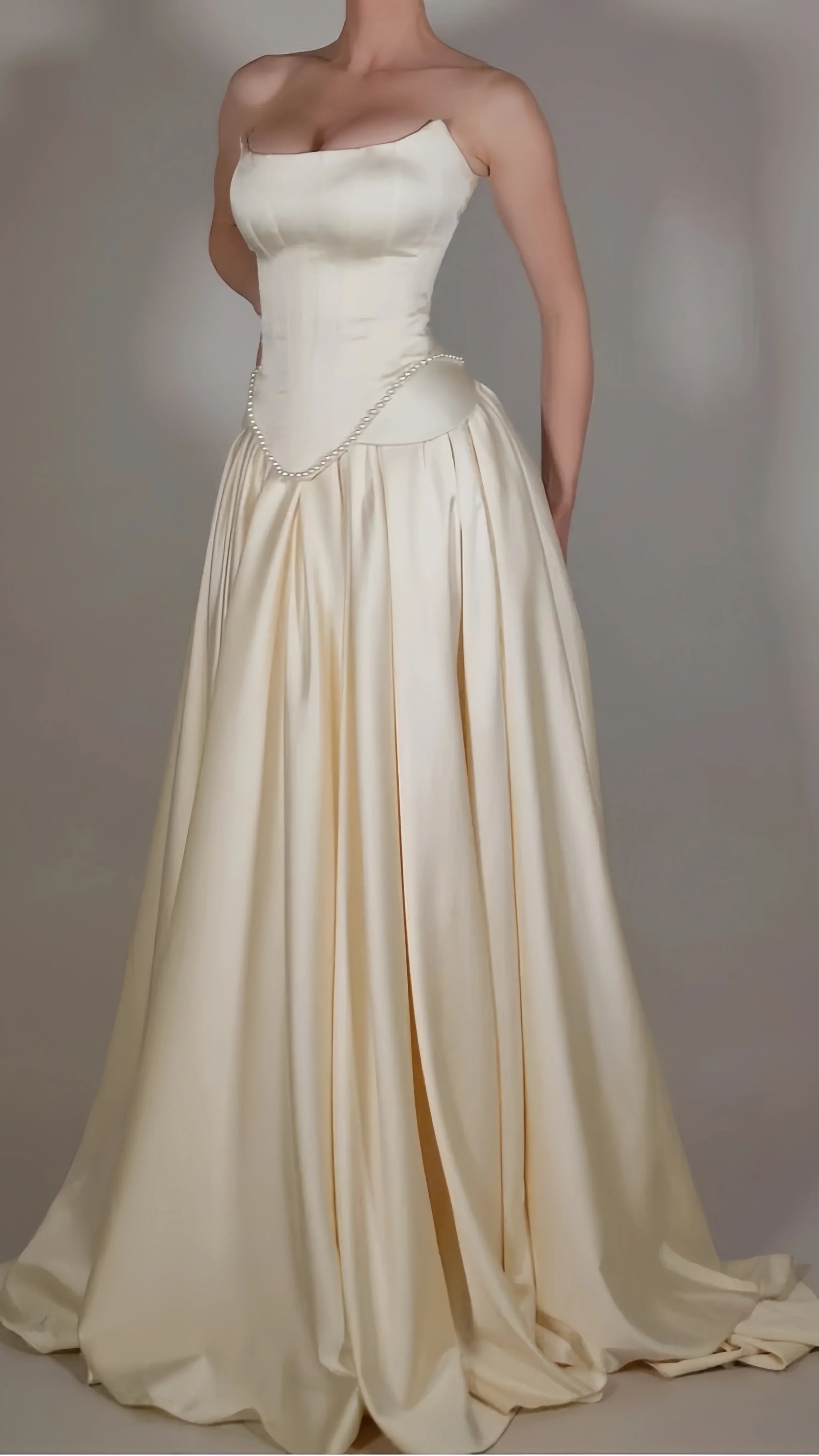Vintage Off White Strapless Wedding Dress, Pearl Beaded Satin A-line Prom HZ0307