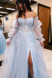 Light Blue Appliques Tulle Split Long Formal Prom HZ0307
