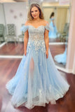 Off The Shoulder Feather Tulle Floral Appliques Prom HZ0307