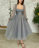 LTP1785,Grey Starry A-Line Homecoming Dresses, Long Sleeves Tulle Prom HZ0307
