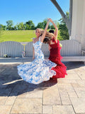 White Blue Floral Prom Dress - A-Line Long Evening HZ0307