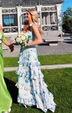 White Blue Floral Prom Dress - A-Line Long Evening HZ0307