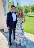 White Blue Floral Prom Dress - A-Line Long Evening HZ0307