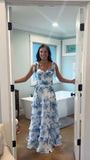 White Blue Floral Chiffon Prom Dresses, Ruffle Long Evening Gown, HZ0307