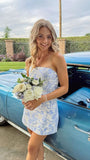 White Blue Floral Homecoming Dress - Strapless Short Bodycon Prom HZ0307