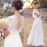White Chiffon Floral Wedding Dresses Cap Sleeves Bridal HZ0307