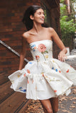 White/Ivory Floral Homecoming Dress, A-Line School Dance Dress, HZ0307