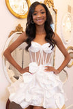 White Floral Homecoming Dresses Spaghetti Straps A-Line Mini Graduation Gown, HZ0307