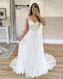 White Lace Chiffon Bridal Gowns Sweep Train Wedding HZ0307