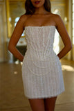 White Pearl Beaded Short Party Dresses Strapless Formal Party HZ0307