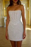 White Pearl Beaded Short Party Dresses Strapless Formal Party HZ0307
