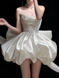 White Homecoming Dresses Pearl Beaded Wedding Dresses A-line Strapless Party Dress With HZ0307