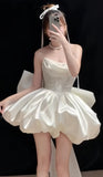 White Homecoming Dresses Pearl Beaded Wedding Dresses A-line Strapless Party Dress With HZ0307