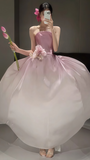 White Pink Strapless Party Dresses, Long Prom Dress With Sweep Train, HZ0307