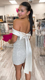White Silver Homecoming Dresses With Bowknot, Off The Shoulder Sequined Cocktail HZ0307
