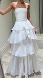 White Strapless Pleated Ruffle Prom Dress, Floor Length Wedding Reception HZ0307