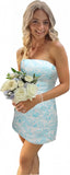 White Blue Floral Homecoming Dress - Strapless Short Bodycon Prom HZ0307