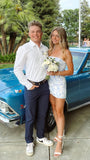 White Blue Floral Homecoming Dress - Strapless Short Bodycon Prom HZ0307
