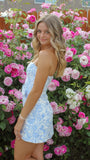 White Blue Floral Homecoming Dress - Strapless Short Bodycon Prom HZ0307
