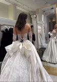White Lace Pearl Beaded Wedding Dresses With Bowknot, HZ0307
