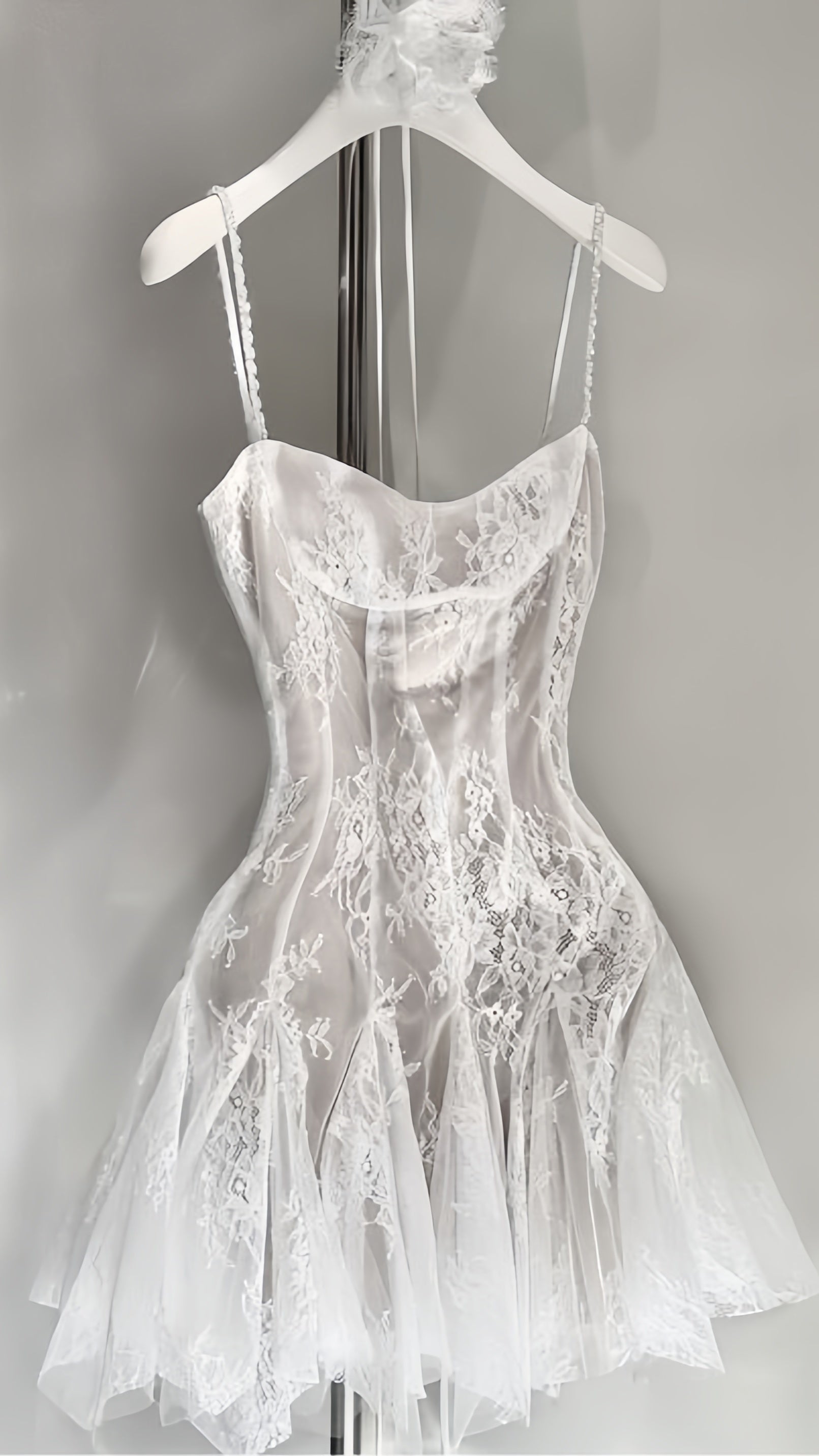 White Short Lace Dress Spaghetti Straps Mini Wedding Dresses, HZ0307