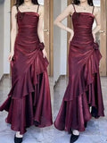 Wine Red Satin Long Straps Prom Dress Wine Red A-line Party HZ0307