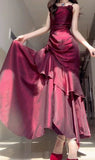 Wine Red Satin Long Straps Prom Dress Wine Red A-line Party HZ0307
