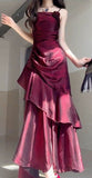 Wine Red Satin Long Straps Prom Dress Wine Red A-line Party HZ0307