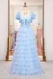 Short Sleeves Blue Lace and Tulle Tiered HZ0307