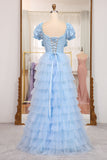 Short Sleeves Blue Lace and Tulle Tiered HZ0307