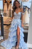 LTP1715,Cute A Line Off the Shoulder Light Blue Sequins Lace Long Prom Dresses with HZ0307
