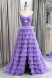 Straps Light Purple Tulle Ruffle A-line Long Prom HZ0307