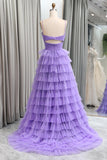 Straps Light Purple Tulle Ruffle A-line Long Prom HZ0307