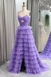 Straps Light Purple Tulle Ruffle A-line Long Prom HZ0307