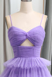 Straps Light Purple Tulle Ruffle A-line Long Prom HZ0307