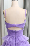 Straps Light Purple Tulle Ruffle A-line Long Prom HZ0307