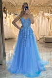 Straps Blue Lace Appliques A-line Long Formal HZ0307