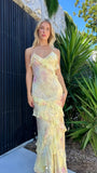 Yellow Floral Slim V-Neck Long Prom Dresses Spaghetti Straps Evening Party HZ0307