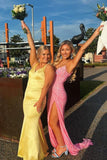 Yellow Mermaid Satin Long Prom Dresses Backless Evening Party HZ0307