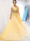 Yellow Sequin Beaded A-Line Prom Dress - Long Tulle Party HZ0307