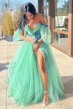 LTP1744,Off Shoulder V Neck Green Tulle Floral Long Prom Dresses with High Slit, Long Green Formal Graduation Evening HZ0307