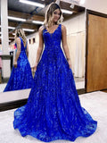 Royal Blue Sequin A-Line Long Prom Evening HZ0307