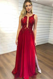 Plunging V-Neck Red Beaded Tulle Prom Evening Dress With Side HZ0307
